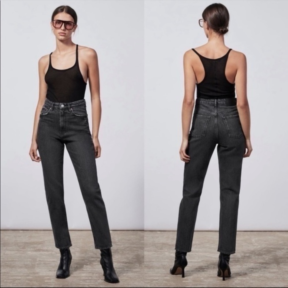 New Zara Classic Mom Fit Black Jeans Distressed High Rise Ankle Length S…
